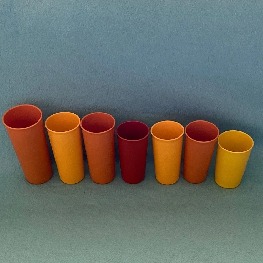 TUPPERWARE 7 drinking cups plastic random sizes yellow red orange vintage 1970’s